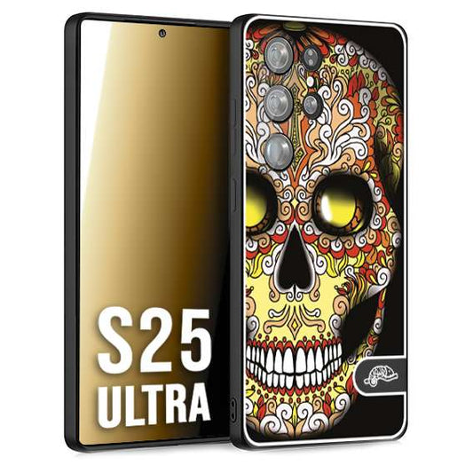 CUSTOMIZZA - Custodia cover nera morbida in tpu compatibile per Samsung S25 ULTRA teschio messicano Mexican skull giallo rosso arancio