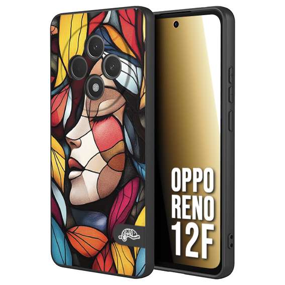 CUSTOMIZZA - Custodia cover nera morbida in tpu compatibile per Oppo Reno 12F Vetrata artistica volto di donna profilo fogliare mosaico di vetro colorato