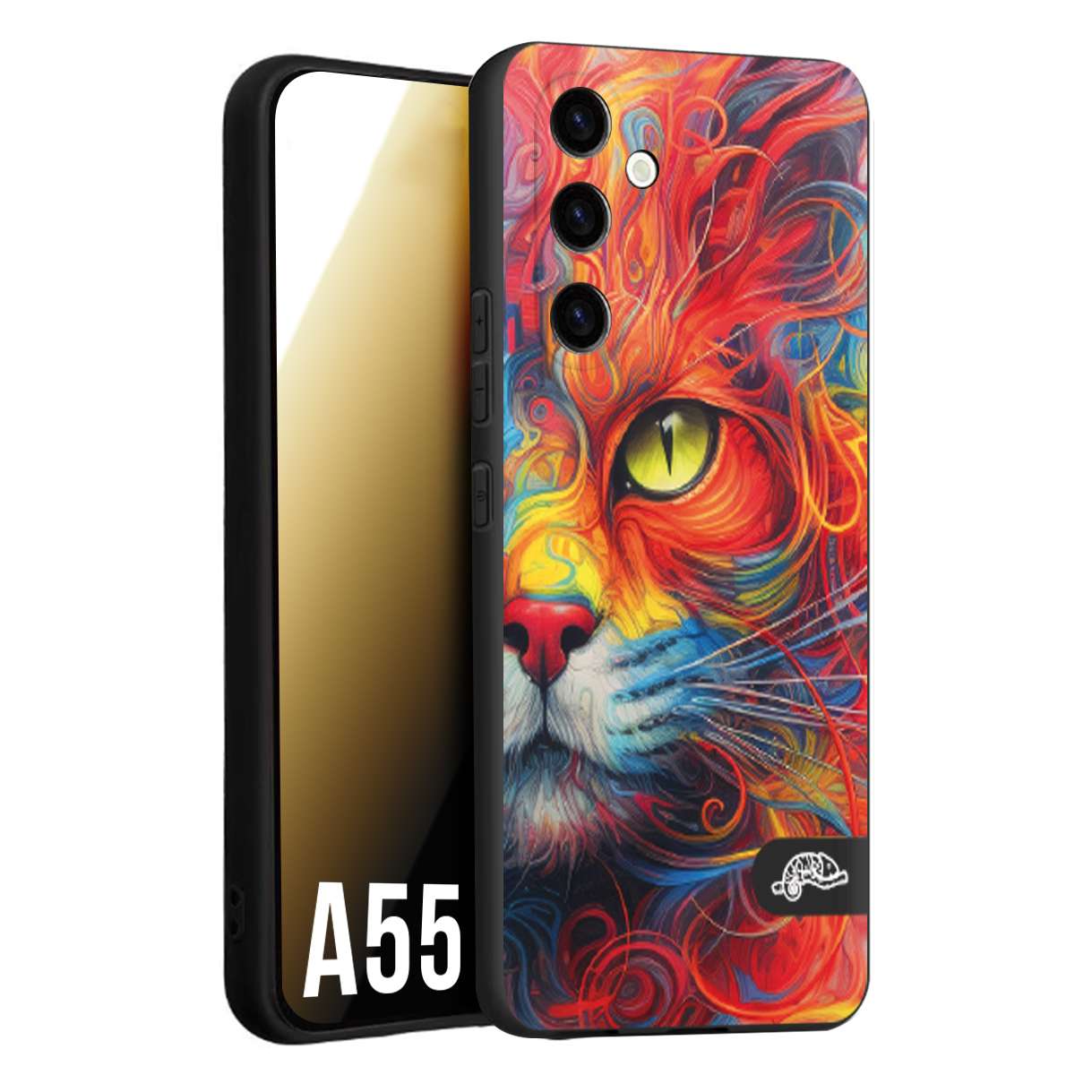 CUSTOMIZZA - Custodia cover nera morbida in tpu compatibile per Samsung A55 5G animali color cat gatto viso colori vibranti disegnato schizzo