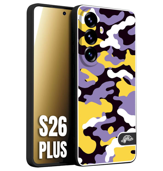 CUSTOMIZZA - Custodia cover nera morbida in tpu compatibile per Samsung S26 PLUS camouflage mimetico militare viola lilla giallo