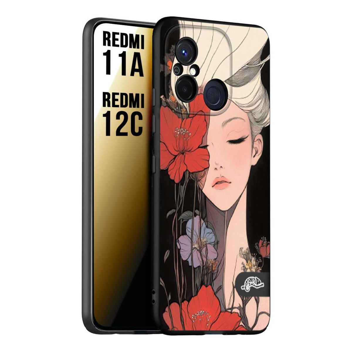 CUSTOMIZZA - Custodia cover nera morbida in tpu compatibile per Xiaomi Redmi 11A - 12C woman flower Fantasia Floreale Design Donna e Fiori, Retro Artistico