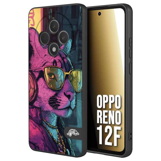 CUSTOMIZZA - Custodia cover nera morbida in tpu compatibile per Oppo Reno 12F animali cyberpunk pantera street cat fucsia blu giallo