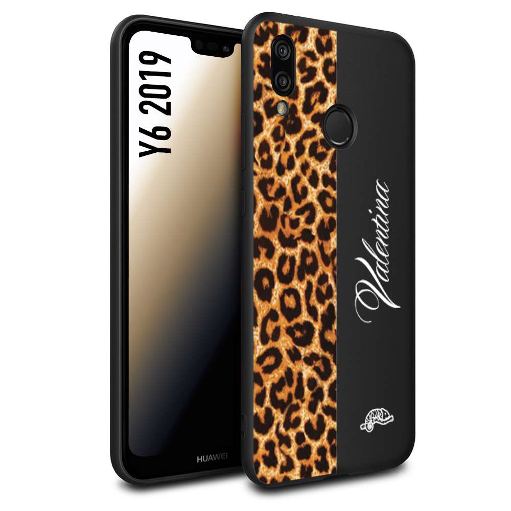 CUSTOMIZZA - Custodia cover nera morbida in tpu compatibile per Huawei Y6 2019 custom nome scritta leopardato maculato donna marrone leopard