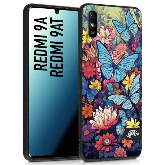 CUSTOMIZZA - Custodia cover nera morbida in tpu compatibile per Xiaomi Redmi 9A - 9AT farfalle butterfly moderno donna disegnate gialla blu rosa
