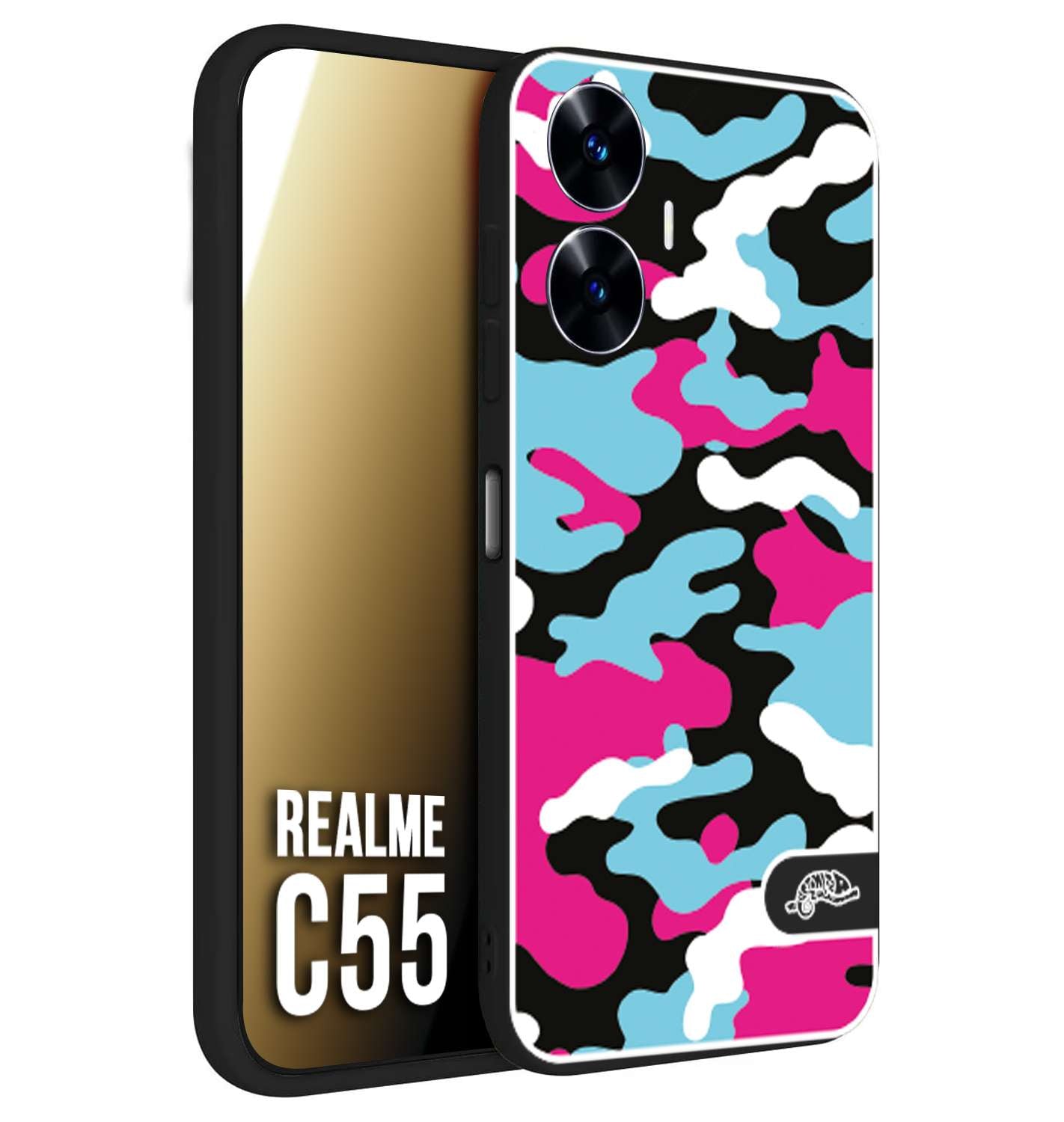 CUSTOMIZZA - Custodia cover nera morbida in tpu compatibile per Oppo C55 camouflage mimetico militare fucsia celeste