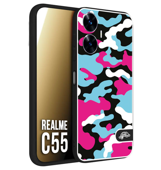 CUSTOMIZZA - Custodia cover nera morbida in tpu compatibile per Oppo C55 camouflage mimetico militare fucsia celeste