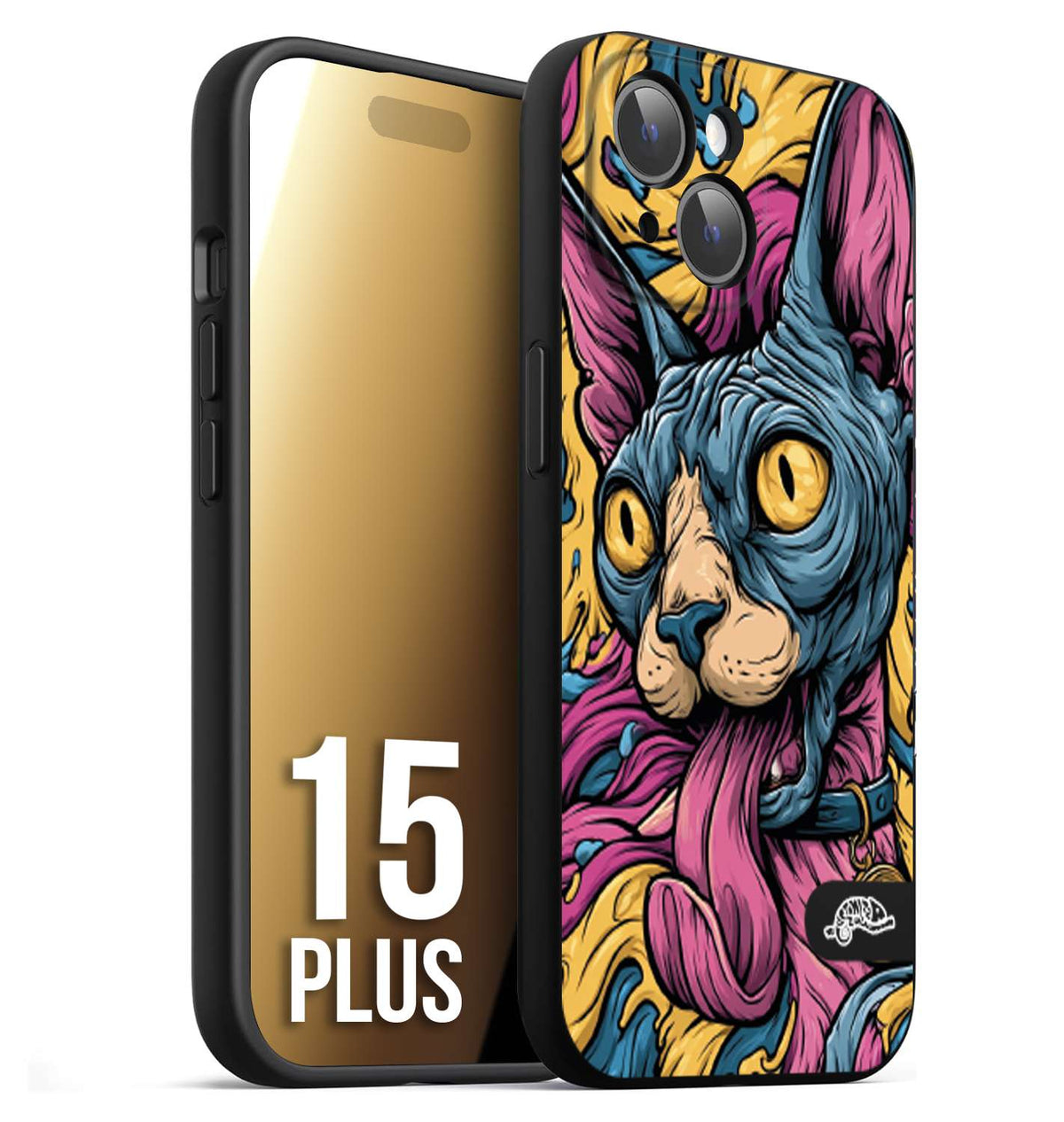 CUSTOMIZZA - Custodia cover nera morbida in tpu compatibile per iPhone 15 PLUS Sphynx Colorato Pop Art Psichedelico Gatto Blu Rosa Giallo Artistica Fantasy
