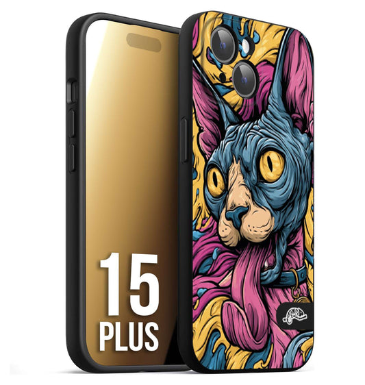 CUSTOMIZZA - Custodia cover nera morbida in tpu compatibile per iPhone 15 PLUS Sphynx Colorato Pop Art Psichedelico Gatto Blu Rosa Giallo Artistica Fantasy