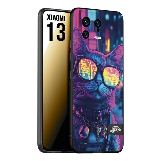 CUSTOMIZZA - Custodia cover nera morbida in tpu compatibile per Xiaomi 13 animali cyberpunk gatto street cat fucsia blu giallo