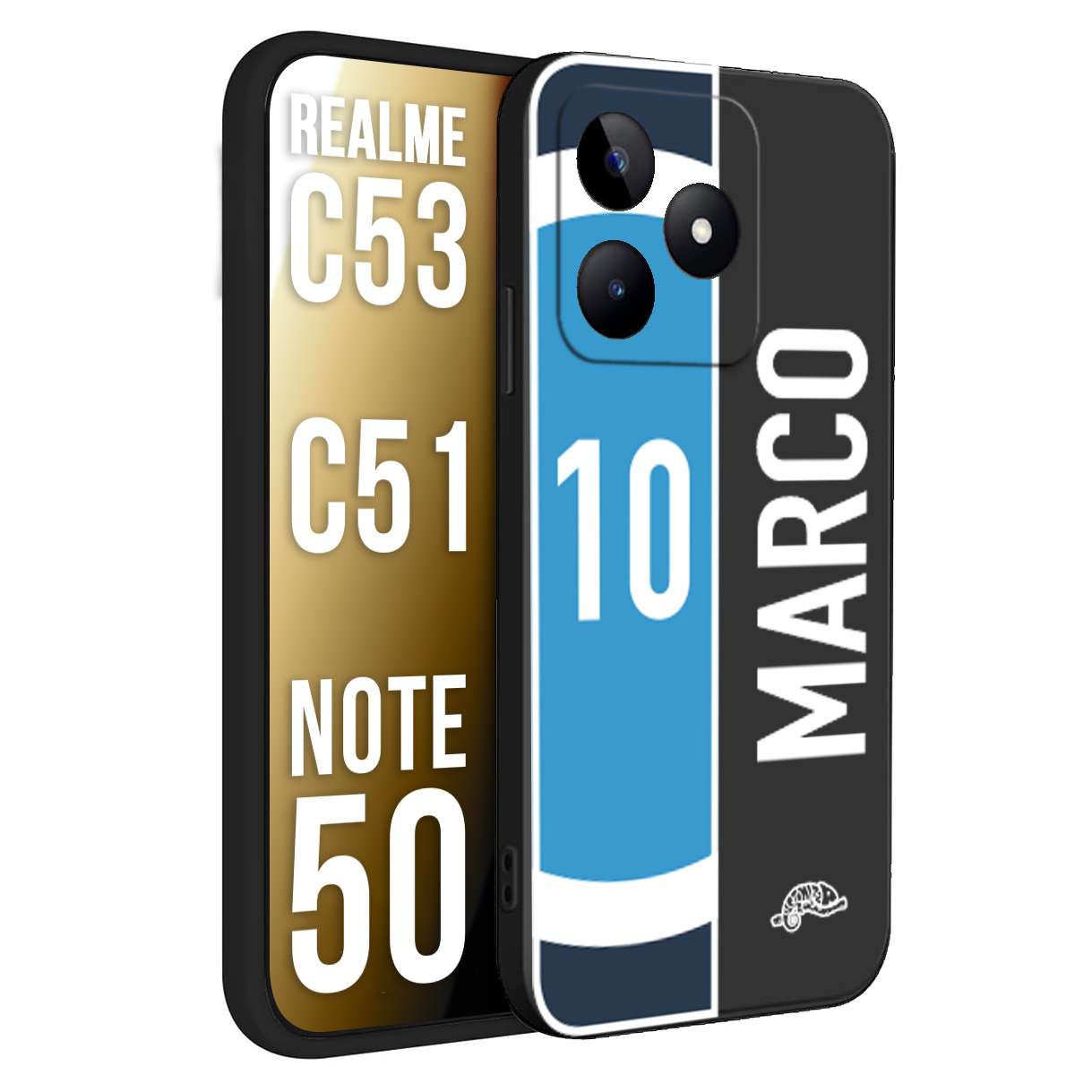 CUSTOMIZZA - Custodia cover nera morbida in tpu compatibile per Oppo Realme C53 - C51 - NOTE 50 personalizzata calcio football nome e numero calciatori biancoazzurri bianco celesti