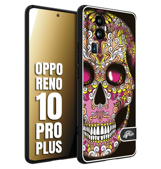 CUSTOMIZZA - Custodia cover nera morbida in tpu compatibile per Oppo Reno 10 PRO PLUS teschio messicano Mexican skull rosa gialla
