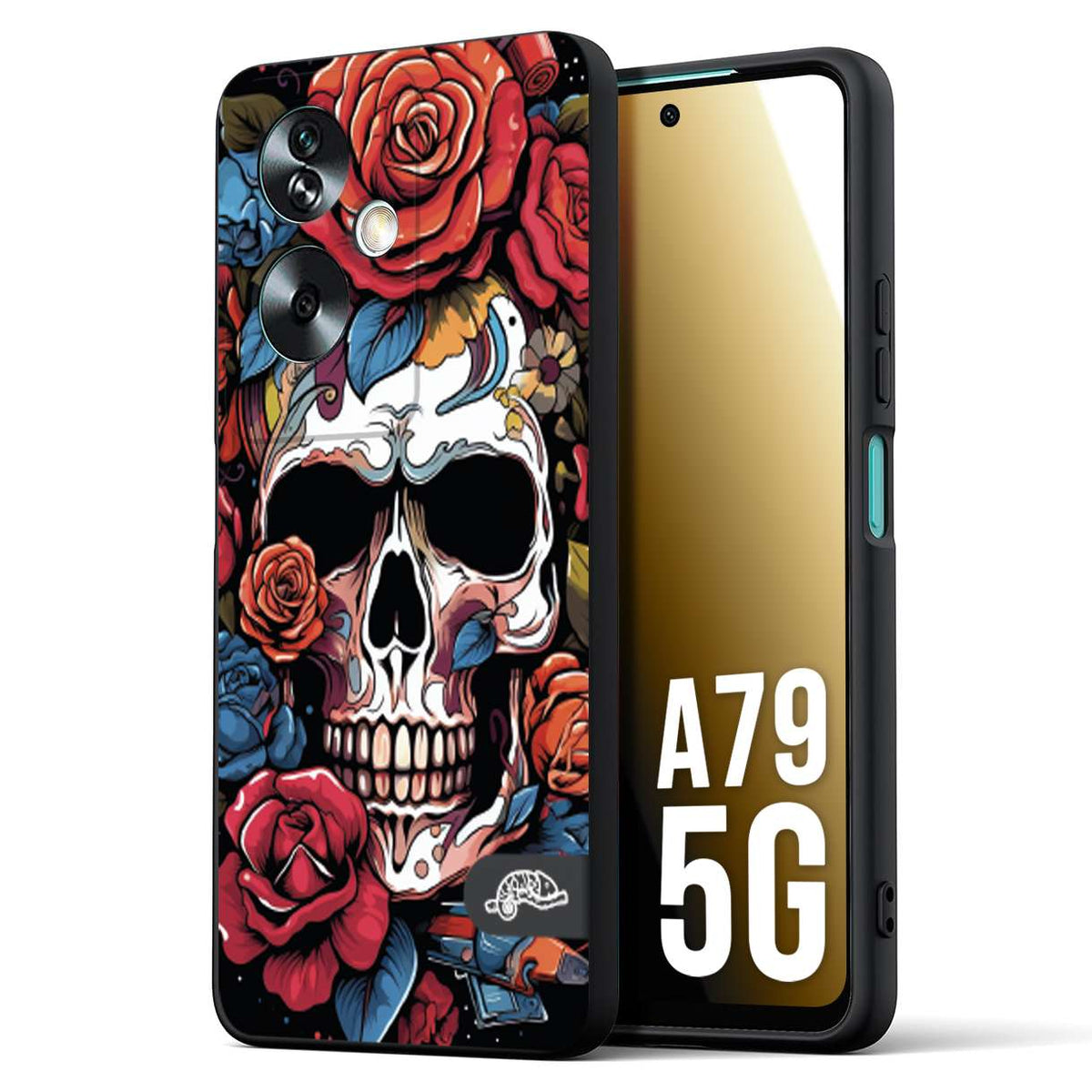 CUSTOMIZZA - Custodia cover nera morbida in tpu compatibile per Oppo A79 5G teschio skull flowers fiori rose rosse tattoo disegnato