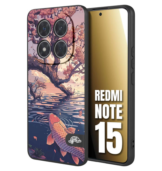CUSTOMIZZA - Custodia cover nera morbida in tpu compatibile per Xiaomi Redmi Note 15 giapponese lago carpa koi rosa con foglie d'acero disegnata tattoo