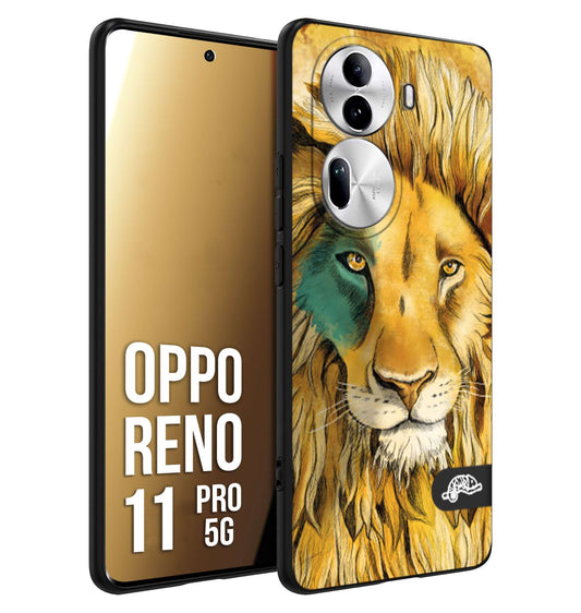 CUSTOMIZZA - Custodia cover nera morbida in tpu compatibile per Oppo Reno 11 PRO 5G leone lion disegnato a mano giallo blu a rilievo artistico brown
