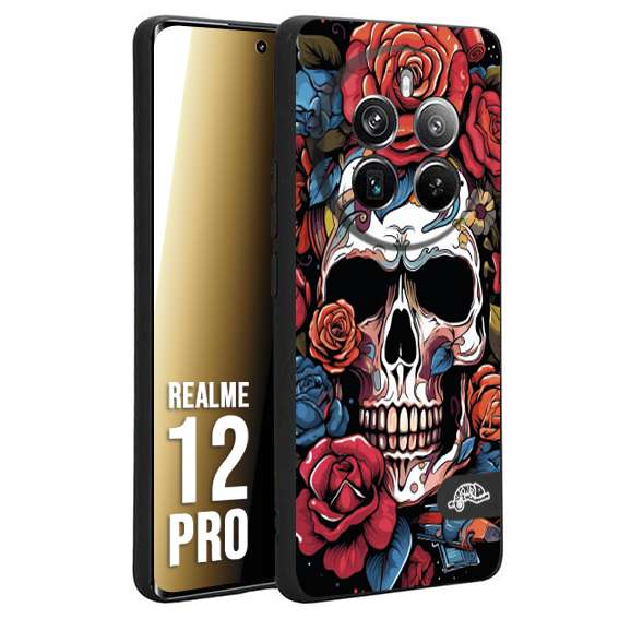 CUSTOMIZZA - Custodia cover nera morbida in tpu compatibile per Realme 12 PRO teschio skull flowers fiori rose rosse tattoo disegnato