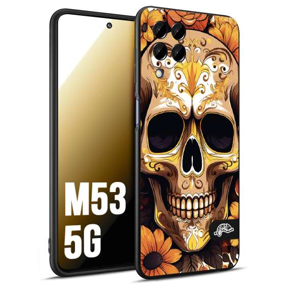 CUSTOMIZZA - Custodia cover nera morbida in tpu compatibile per Samsung M53 5G teschio messicano colorato dorato fiori tattoo disegnato