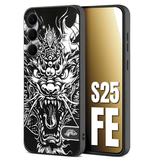 CUSTOMIZZA - Custodia cover nera morbida in tpu compatibile per Samsung S25 FE drago black and white bianco a rilievo disegnato tattoo tatuaggio