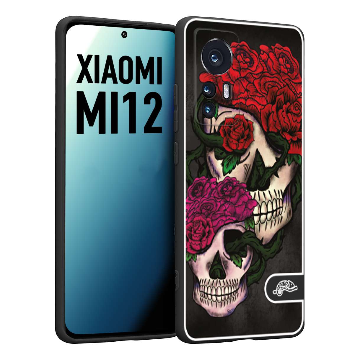 CUSTOMIZZA - Custodia cover nera morbida in tpu compatibile per Xiaomi 12 5G teschi e rose rosse fucsia skull and roses