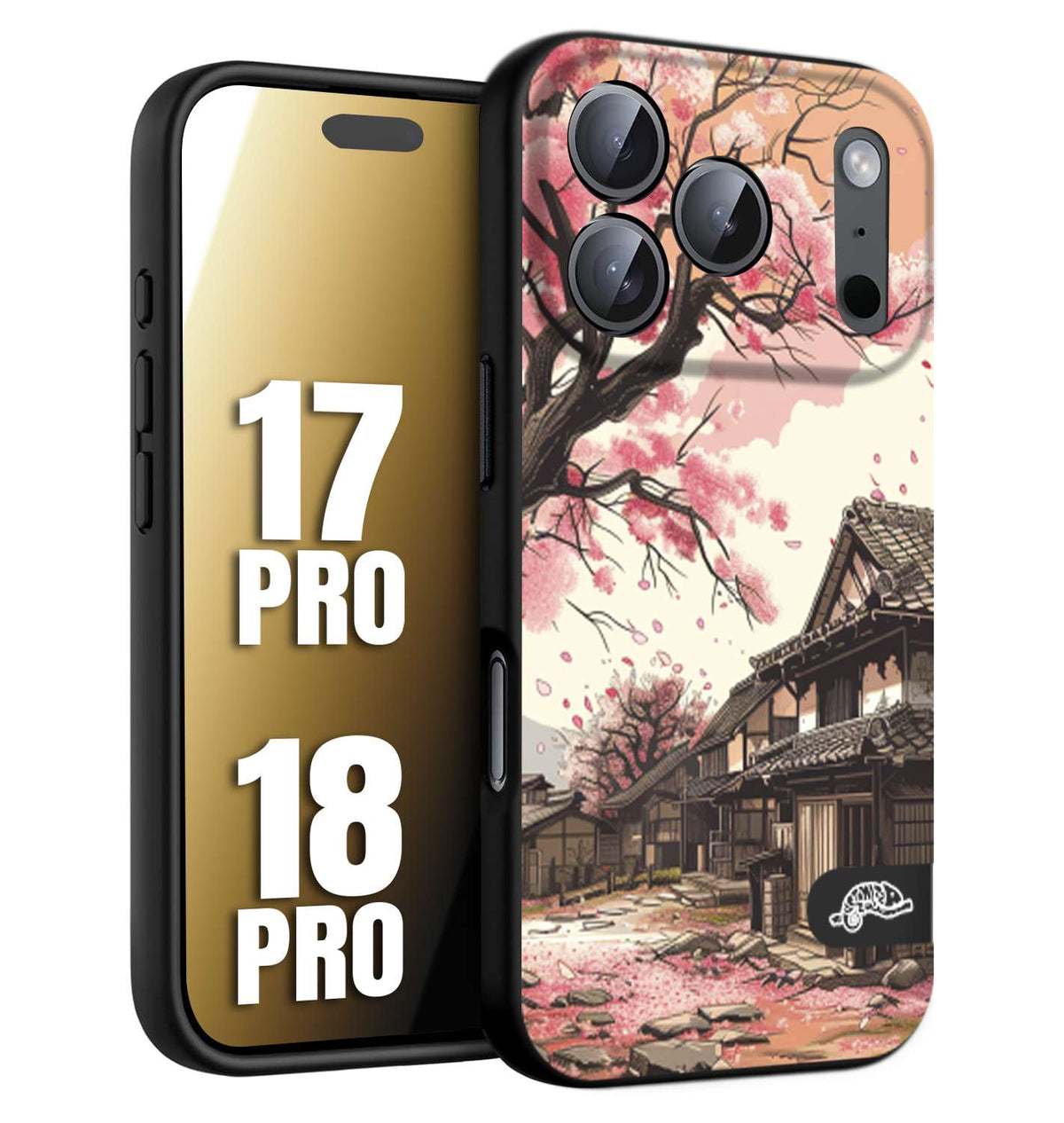 CUSTOMIZZA - Custodia cover nera morbida in tpu compatibile per iPhone 17 PRO - 18 PRO casa giapponese rosa ciliegio in fiore disegnata tattoo