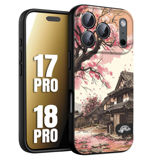 CUSTOMIZZA - Custodia cover nera morbida in tpu compatibile per iPhone 17 PRO - 18 PRO casa giapponese rosa ciliegio in fiore disegnata tattoo