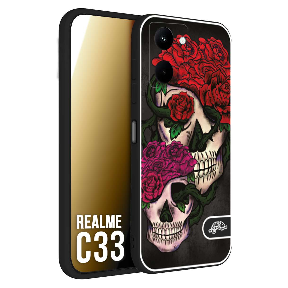 CUSTOMIZZA - Custodia cover nera morbida in tpu compatibile per Oppo Realme C33 teschi e rose rosse fucsia skull and roses