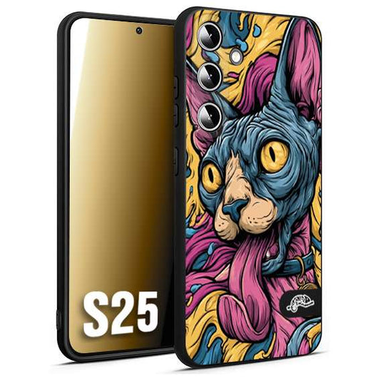 CUSTOMIZZA - Custodia cover nera morbida in tpu compatibile per Samsung S25 Sphynx Colorato Pop Art Psichedelico Gatto Blu Rosa Giallo Artistica Fantasy