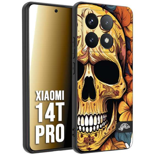 CUSTOMIZZA - Custodia cover nera morbida in tpu compatibile per Xiaomi 14T PRO teschio messicano colorato dorato fiori autunnali disegnato