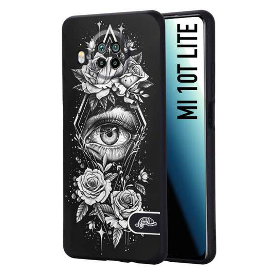 CUSTOMIZZA - Custodia cover nera morbida in tpu compatibile per Xiaomi Mi 10T LITE occhio fiori rombo geometrico black and white bianco a rilievo disegnato tattoo tatuaggio