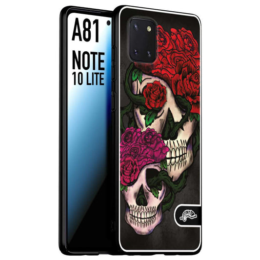 CUSTOMIZZA - Custodia cover nera morbida in tpu compatibile per Samsung A81 - Note 10 Lite teschi e rose rosse fucsia skull and roses