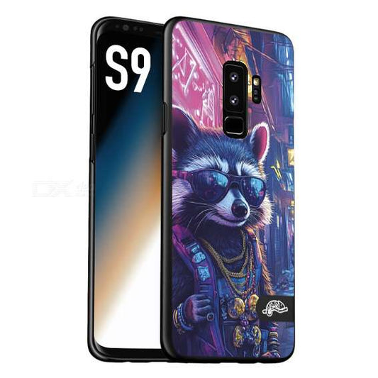 CUSTOMIZZA - Custodia cover nera morbida in tpu compatibile per Samsung S9 animali simpatici cyberpunk procione racoon street cat fucsia blu giallo