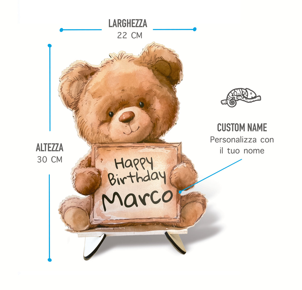 Quadro Sagomato in Legno MDF 4 mm Personalizzato con Nome per Foto Decorazione Torta e Tavolo Festa di Compleanno Fatto a Mano Design Orsetto Peluche