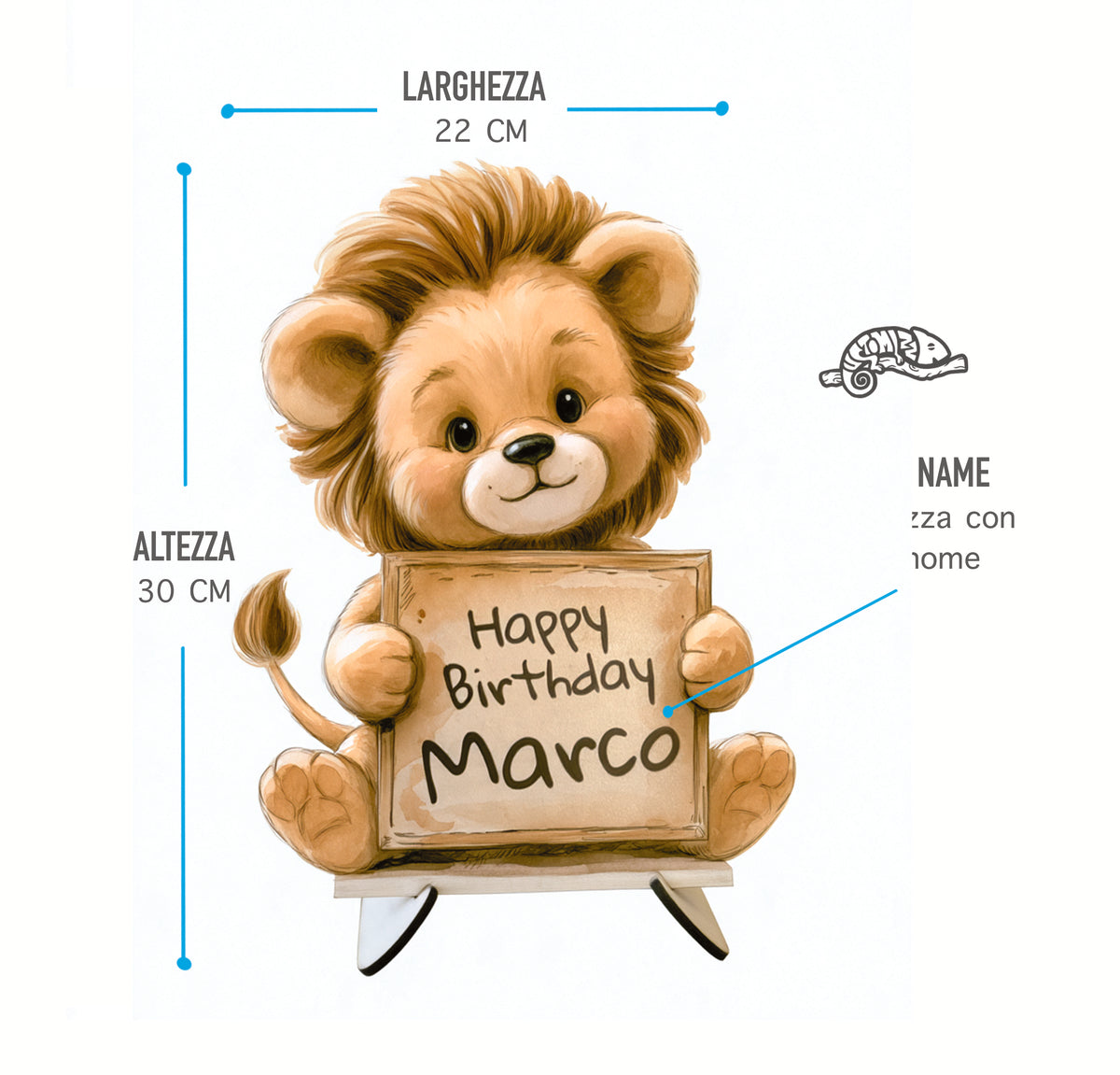 Quadro Sagomato in Legno MDF 4 mm Personalizzato con Nome per Foto Decorazione Torta e Tavolo Festa di Compleanno Fatto a Mano Design Leone Peluche