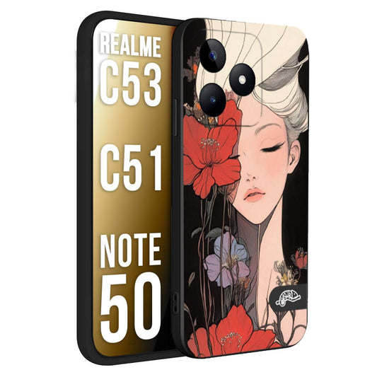 CUSTOMIZZA - Custodia cover nera morbida in tpu compatibile per Realme C53 - C51 - NOTE 50 woman flower Fantasia Floreale Design Donna e Fiori, Retro Artistico