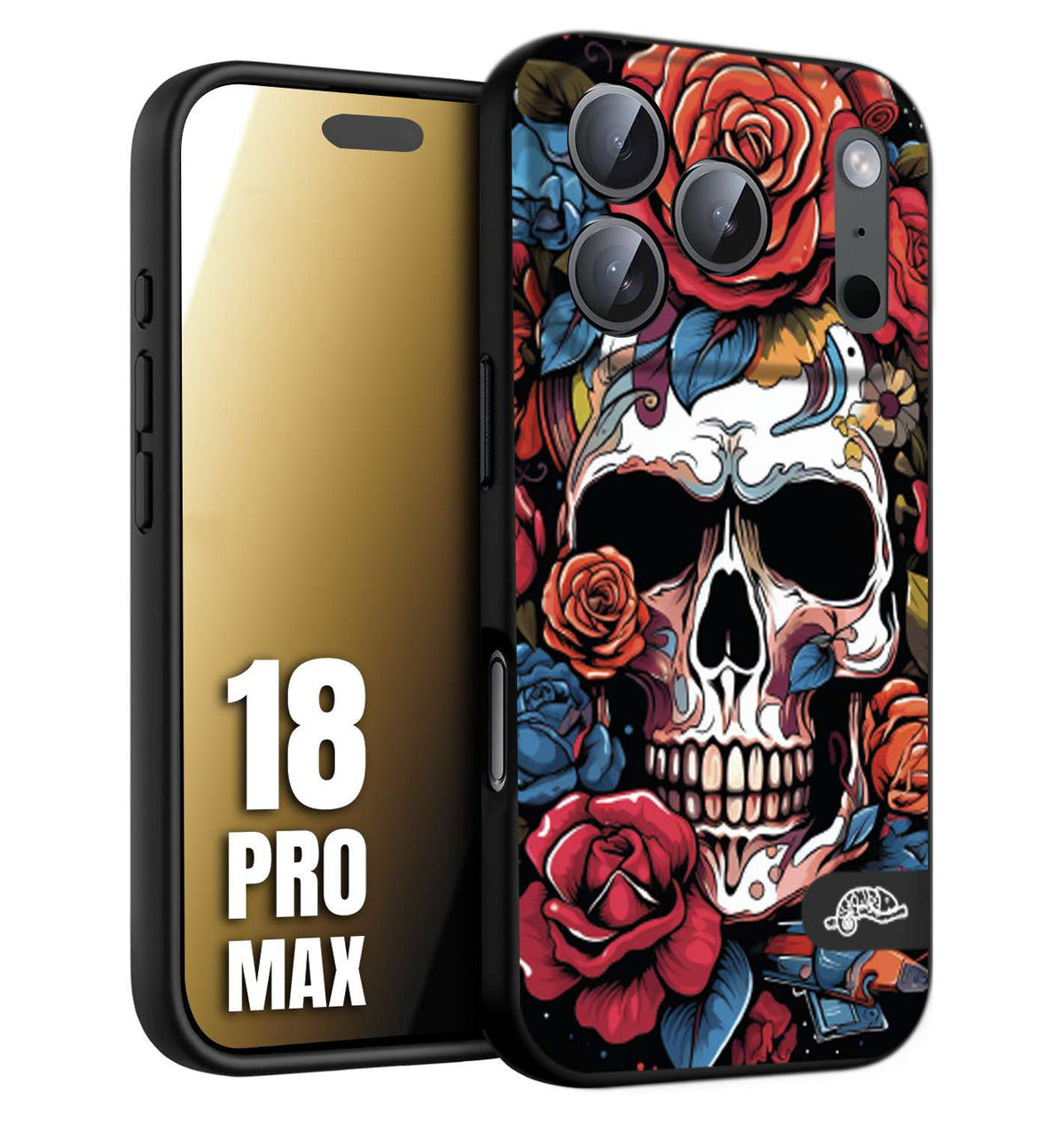 CUSTOMIZZA - Custodia cover nera morbida in tpu compatibile per iPhone 18 PRO MAX teschio skull flowers fiori rose rosse tattoo disegnato