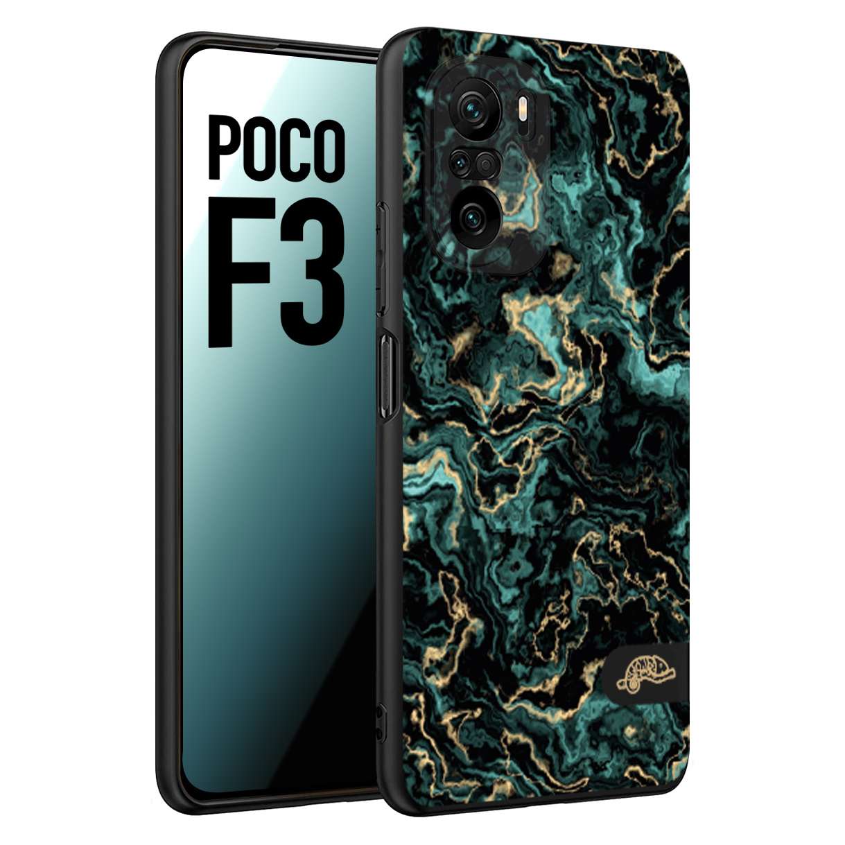 CUSTOMIZZA - Custodia cover nera morbida in tpu compatibile per Xiaomi Poco F3 effetto marmo marble verde green venature dorato pietra