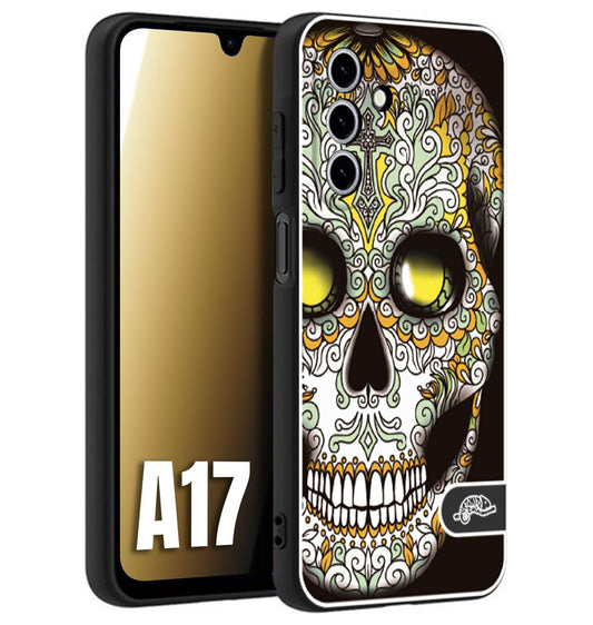 CUSTOMIZZA - Custodia cover nera morbida in tpu compatibile per Samsung A17 teschio messicano Mexican skull bianco verde giallo