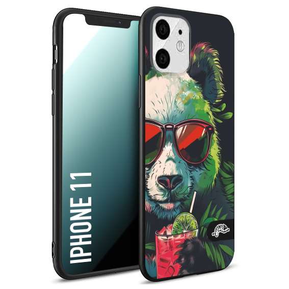 CUSTOMIZZA - Custodia cover nera morbida in tpu compatibile per iPhone 11 estate disegnata cocktails animali simpatici panda mojito