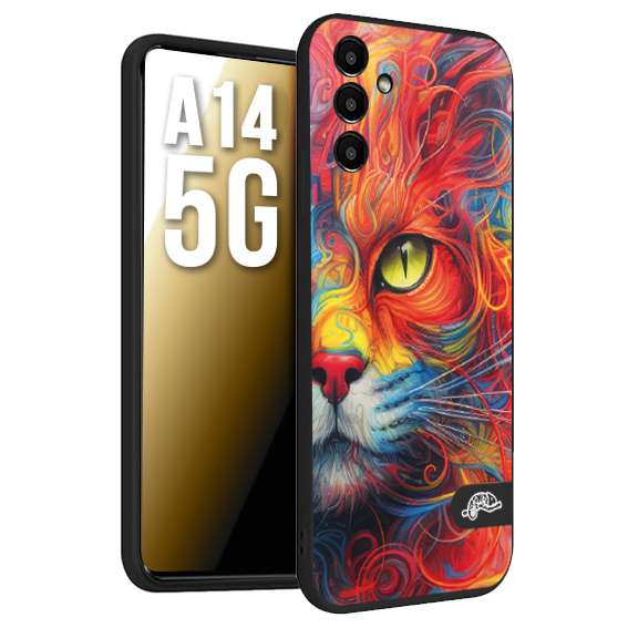 CUSTOMIZZA - Custodia cover nera morbida in tpu compatibile per Samsung A14 5G animali color cat gatto viso colori vibranti disegnato schizzo