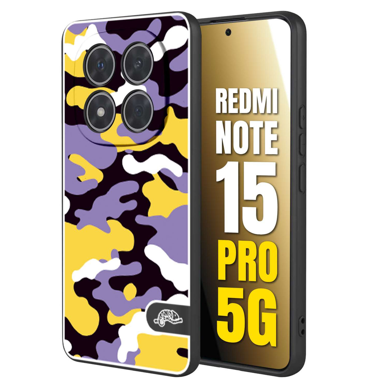 CUSTOMIZZA - Custodia cover nera morbida in tpu compatibile per Xiaomi Redmi Note 15 PRO 5G camouflage mimetico militare viola lilla giallo