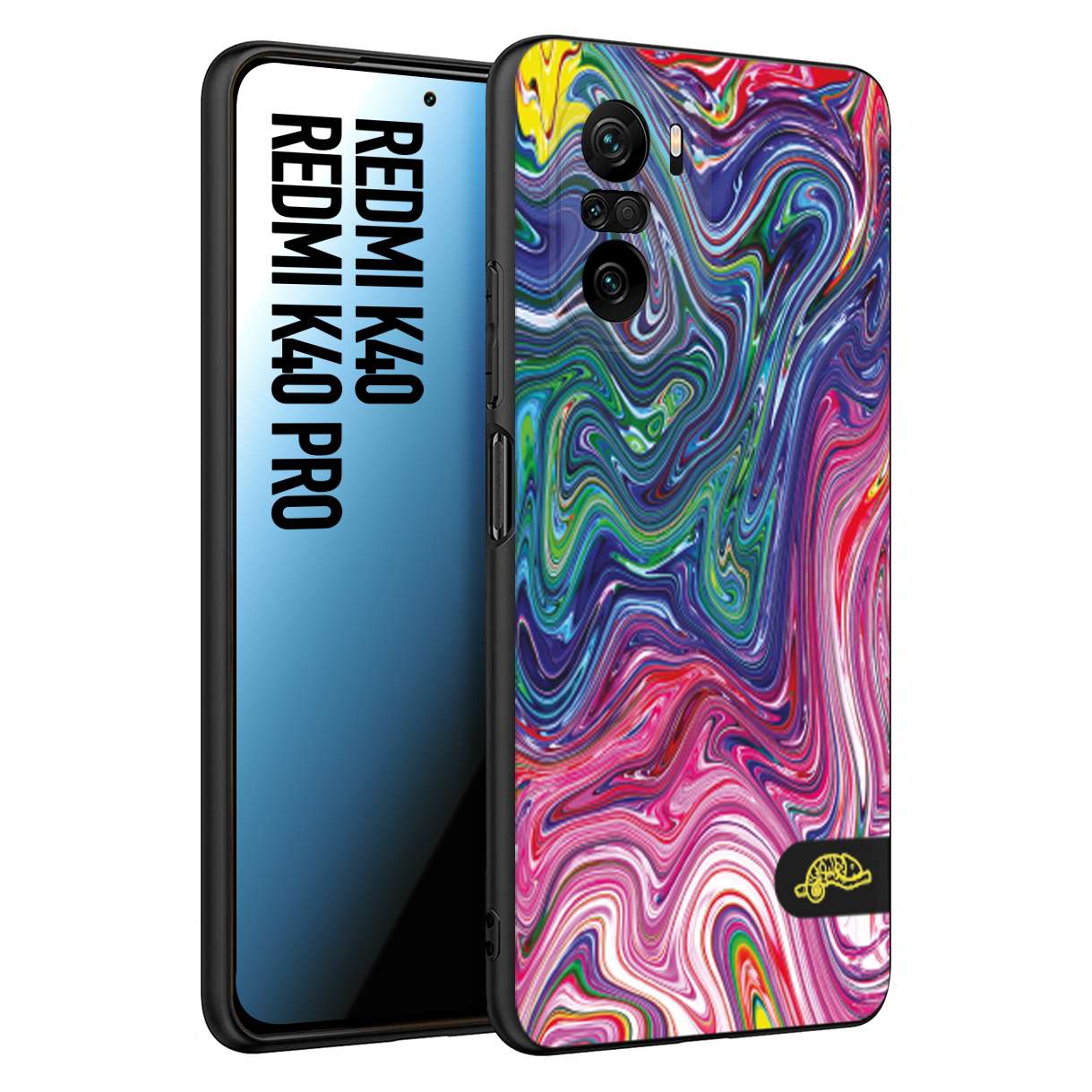 CUSTOMIZZA - Custodia cover nera morbida in tpu compatibile per Xiaomi Redmi K40 - K40 Pro colorata fantasia vortice marmo arcobaleno rosa blu fucsia