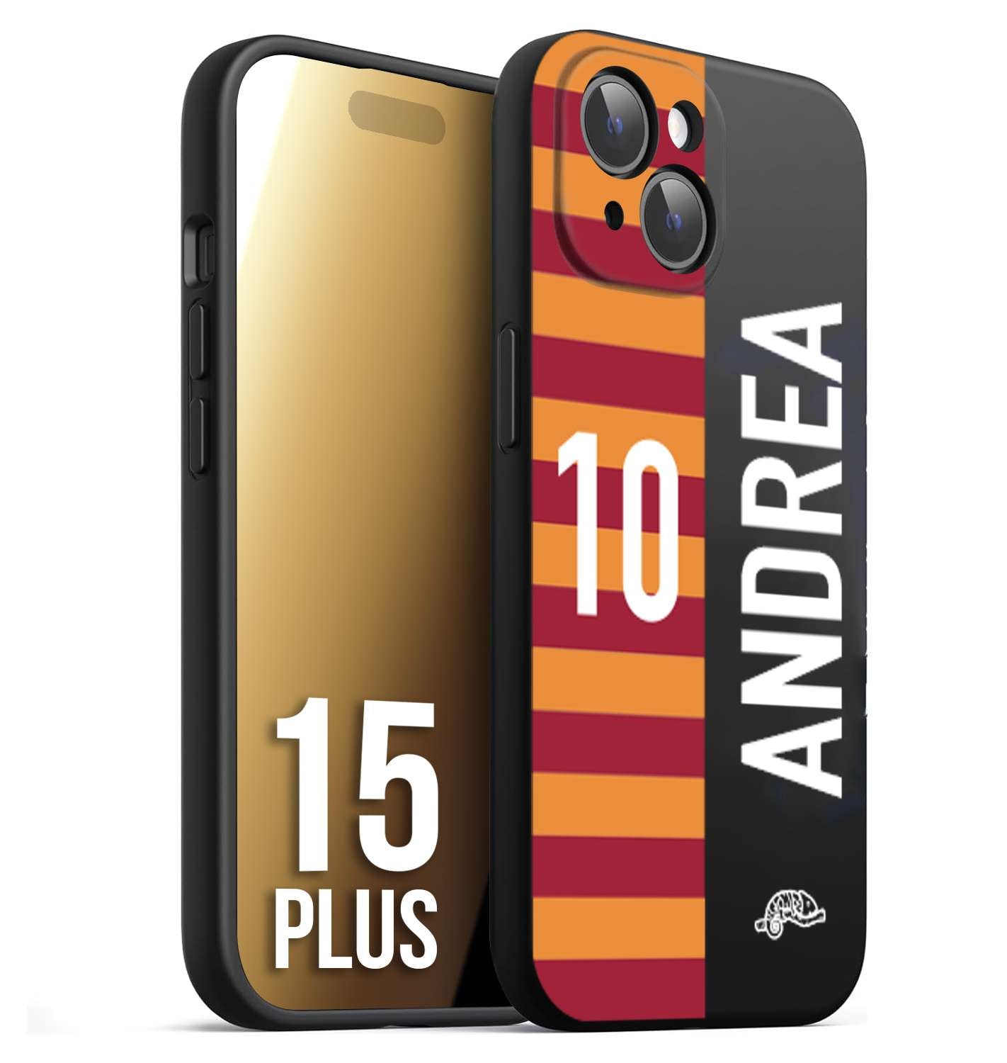 CUSTOMIZZA - Custodia cover nera morbida in tpu compatibile per iPhone 15 PLUS personalizzata calcio football nome e numero calciatori giallo rossi