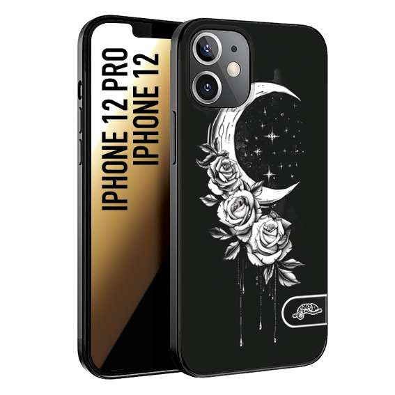 CUSTOMIZZA - Custodia cover nera morbida in tpu compatibile per iPhone 12 - 12 PRO luna e fiori moon flowers black and white bianco a rilievo disegnato tattoo tatuaggio