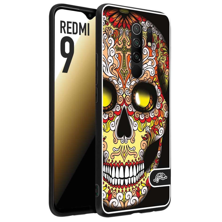 CUSTOMIZZA - Custodia cover nera morbida in tpu compatibile per Xiaomi Redmi 9 teschio messicano Mexican skull giallo rosso arancio