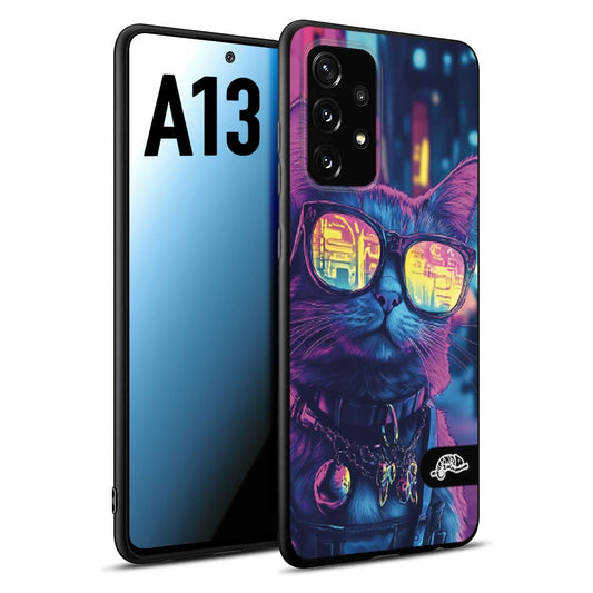 CUSTOMIZZA - Custodia cover nera morbida in tpu compatibile per Samsung A13 animali cyberpunk gatto street cat fucsia blu giallo