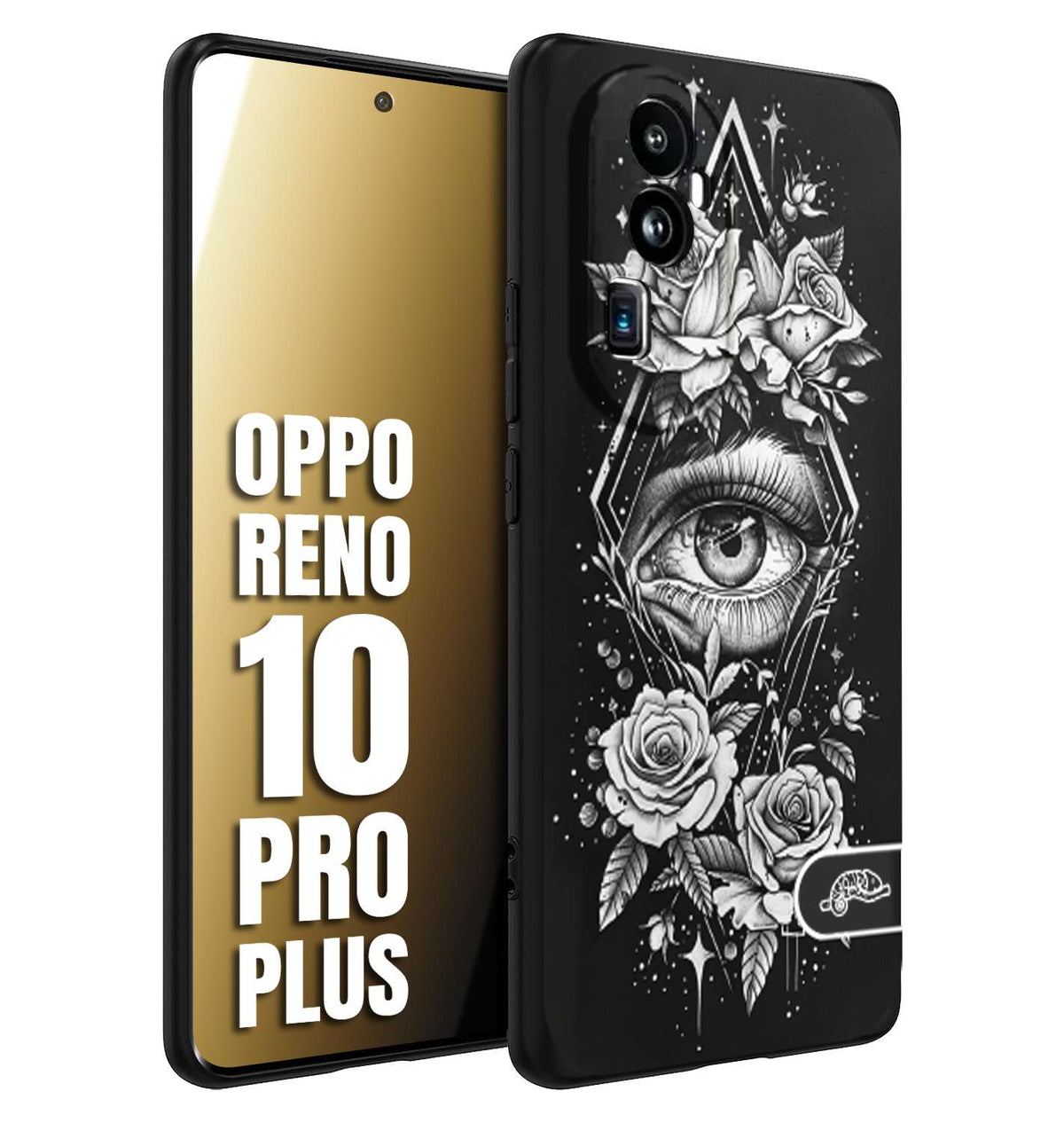 CUSTOMIZZA - Custodia cover nera morbida in tpu compatibile per Oppo Reno 10 PRO PLUS occhio fiori rombo geometrico black and white bianco a rilievo disegnato tattoo tatuaggio