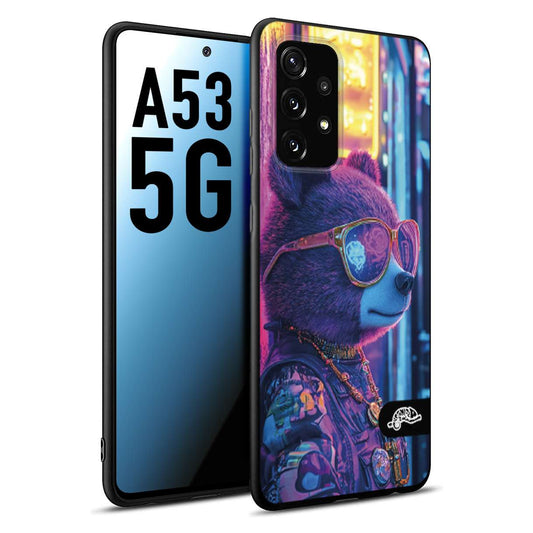 CUSTOMIZZA - Custodia cover nera morbida in tpu compatibile per Samsung A53 5G animali cyberpunk orsetto orso street bear fucsia blu night