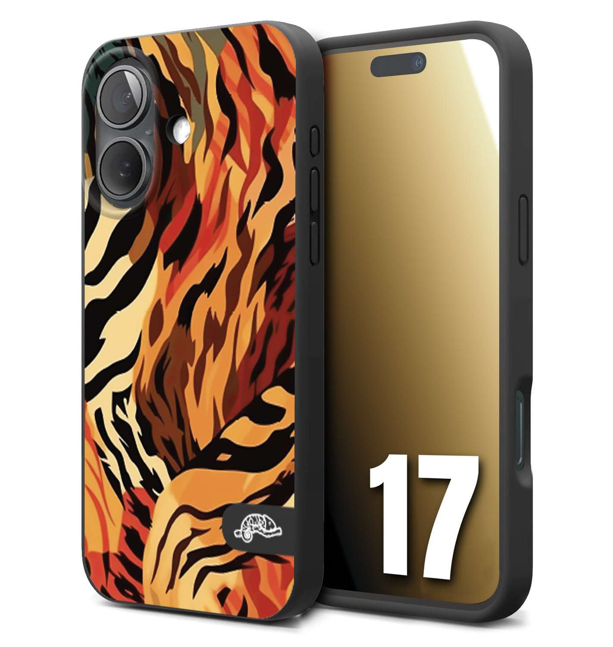 CUSTOMIZZA - Custodia cover nera morbida in tpu compatibile per iPhone 17 leopardato maculato tigrato tiger colorata gialla rossa arancio