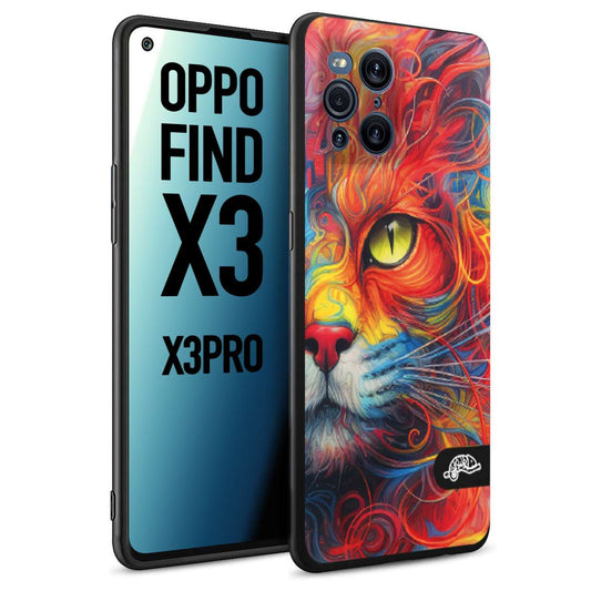 CUSTOMIZZA - Custodia cover nera morbida in tpu compatibile per Oppo Find X3 - Find X3 Pro 5G animali color cat gatto viso colori vibranti disegnato schizzo