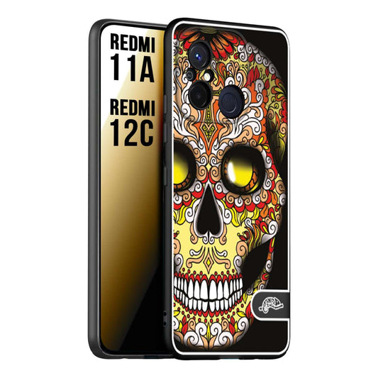 CUSTOMIZZA - Custodia cover nera morbida in tpu compatibile per Xiaomi Redmi 11A - 12C teschio messicano Mexican skull giallo rosso arancio