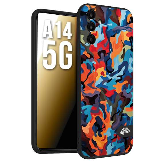 CUSTOMIZZA - Custodia cover nera morbida in tpu compatibile per Samsung A14 5G camouflage mimetico militare moderno blu arancio rosso